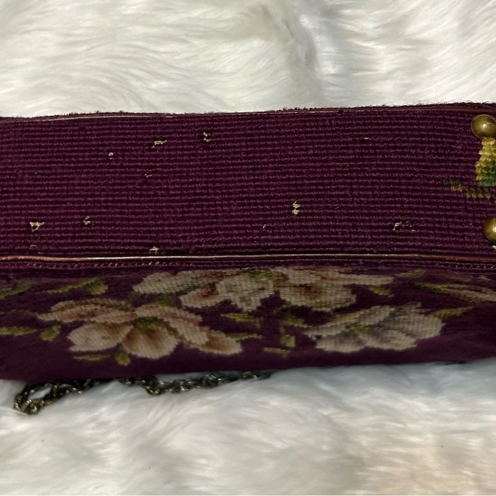 1950’s Style Vintage Needlepoint Floral Embroidered Burgundy Handbag - Picture 8 of 12